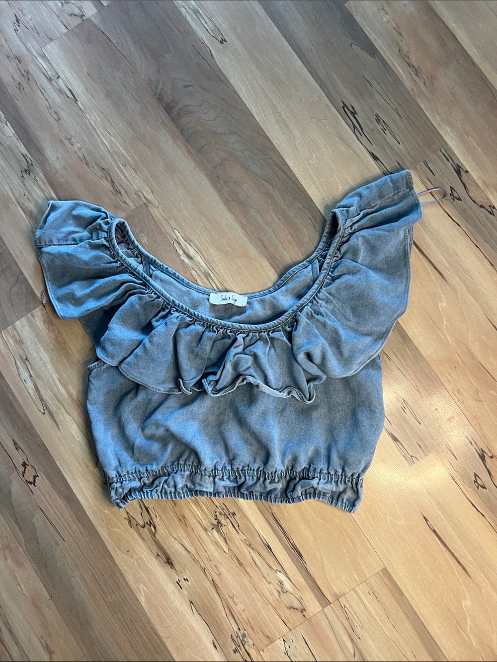 Sadie & Sage Washed Blue Ruffle Off-Shoulder Crop Top